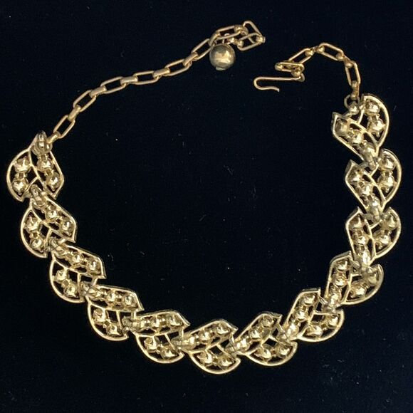 Vintage 50s Gold Tone Aurora Borealis Rhinestone Choker Necklace Leaf Design - Picture 5 of 7